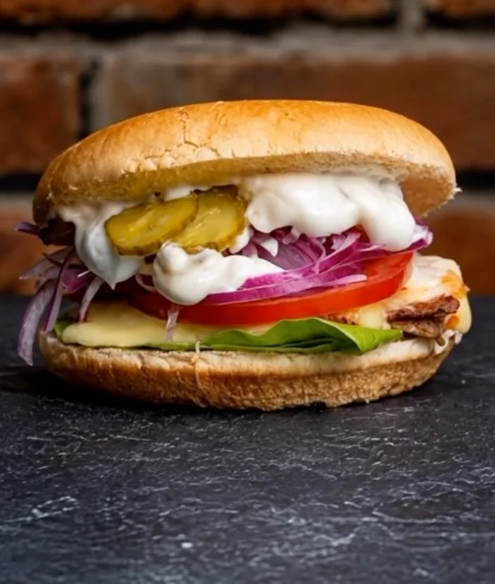 Sándwich con cebolla morada y pepinillos
